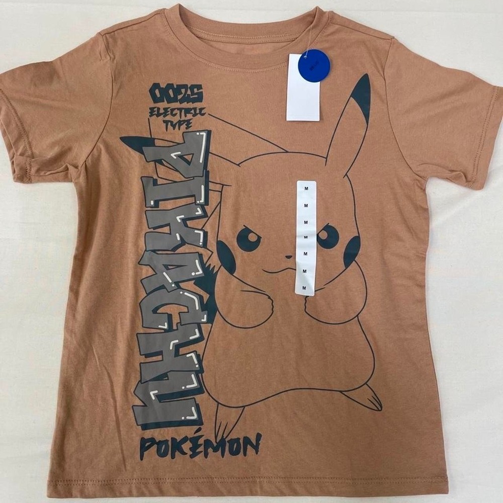 Brown Pokemon Pikachu cotton & polyester t-shirt with black graphic
